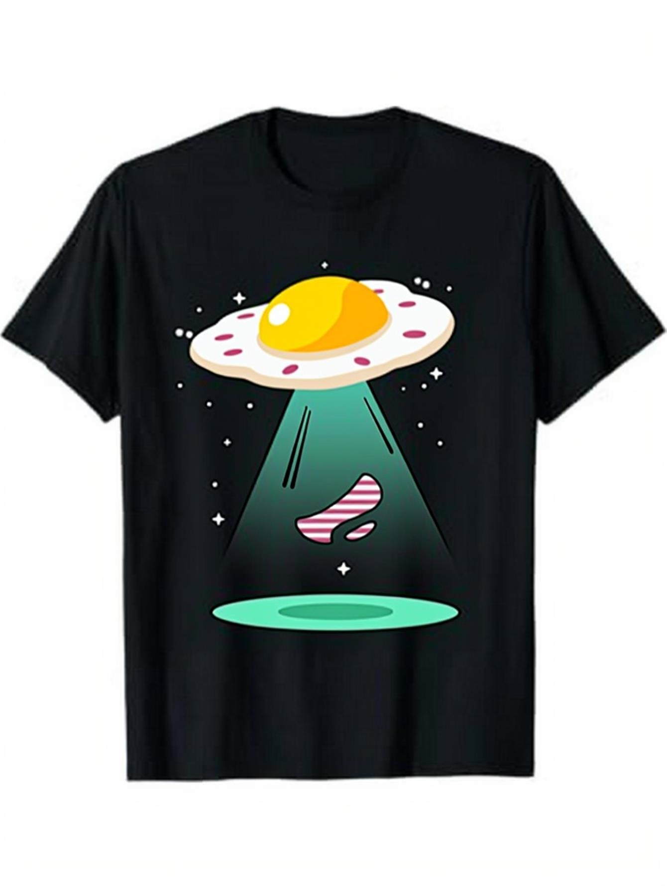 Men's Graphic T-Shirt Cartoon Light Beams With Alien Egg Saucer Abducting A Striped Cow