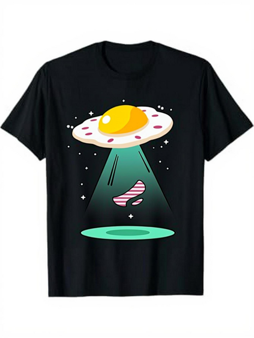 Men's Graphic T-Shirt Cartoon Light Beams With Alien Egg Saucer Abducting A Striped Cow