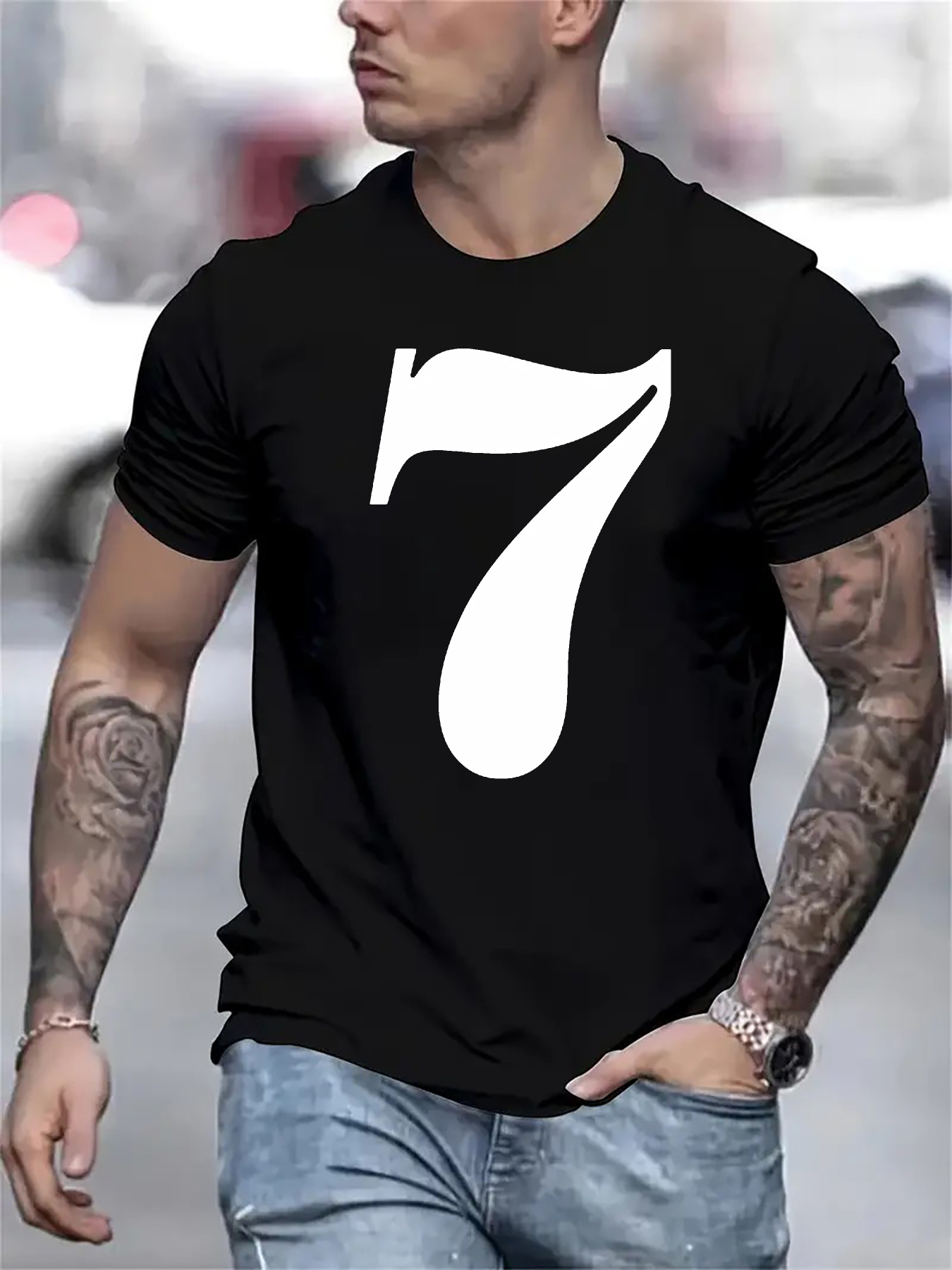 Men's Graphic T-Shirt Bold Stylized White Number Seven On Solid Black T Shirt