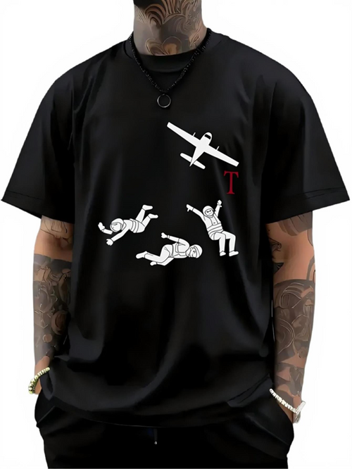 Men's Graphic T-Shirt Parachuting Figures With Monochrome Plane In Black Sky