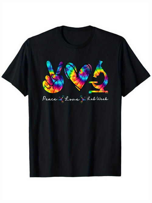 Men's Graphic T-Shirt Peace Love Tie Dye With Vibrant Psychedelic Swirls And Rainbow Hand Signs
