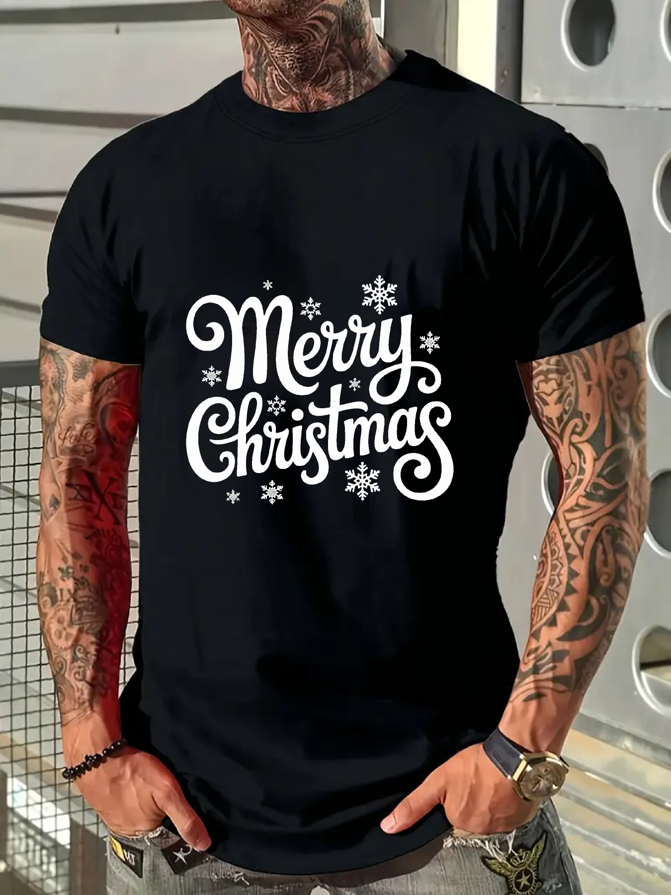 Men's Graphic T-Shirt Merry Christmas Artistic Typography Surrounded By Scattered Snowflake Accents Christmas