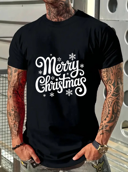 Men's Graphic T-Shirt Merry Christmas Artistic Typography Surrounded By Scattered Snowflake Accents Christmas