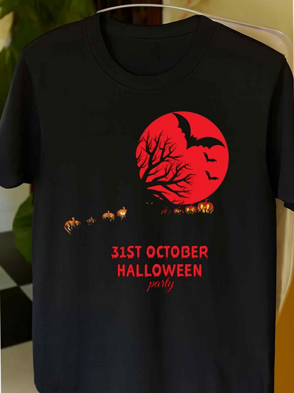 Men's Graphic T-Shirt 31st October Halloween Party With Bats Tree And Glowing Pumpkins Moon