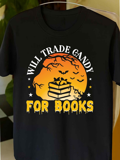 Men's Graphic T-Shirt Will Trade Candy For Books Stacked Book Pile With Bats And Orange Sunset Moon