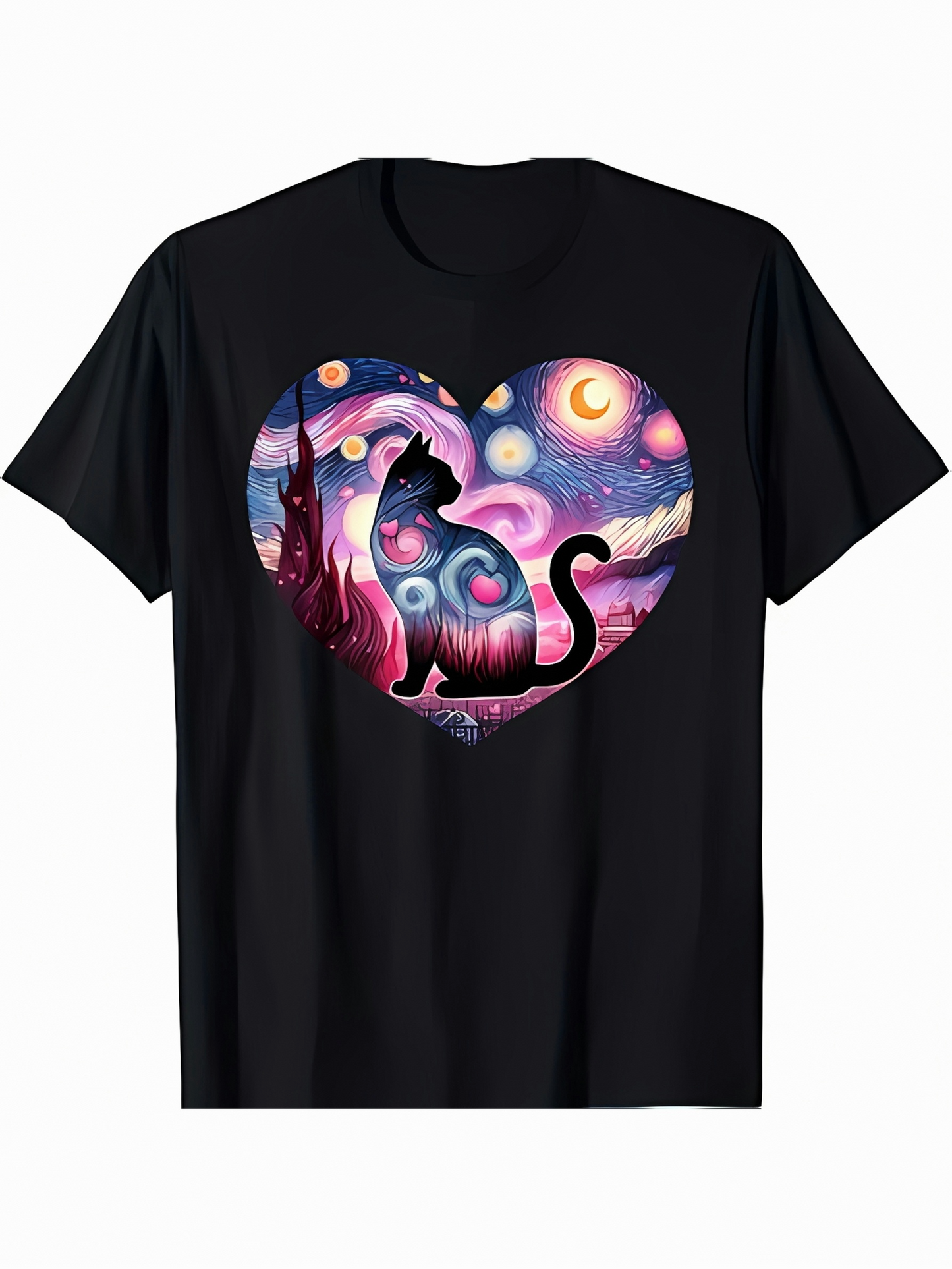 Men's Graphic T-Shirt Starry Fantasy Night With Heart Shaped Silhouette Featuring Mysterious Dreamy Cat