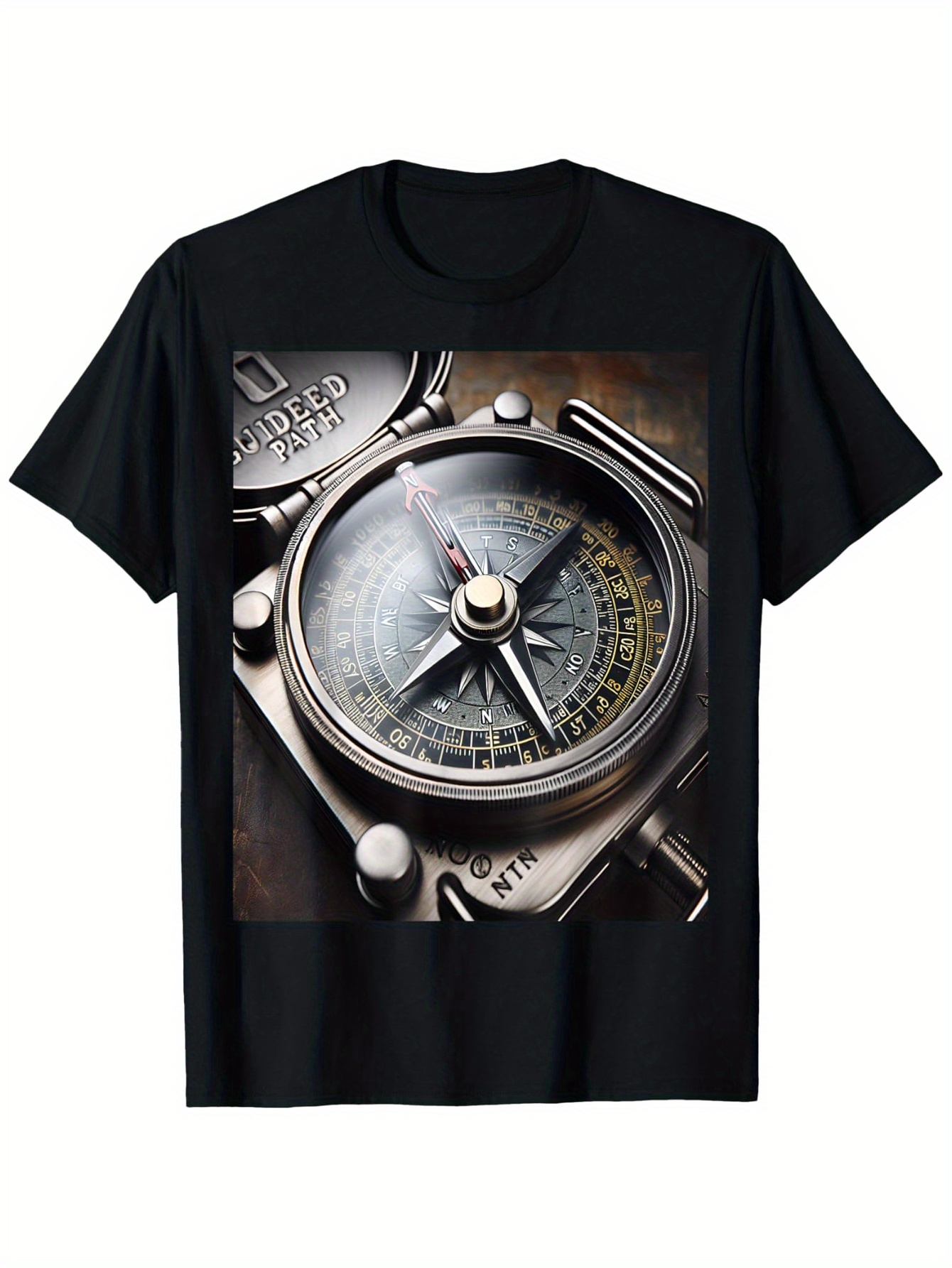 Men's Graphic T-Shirt Antique Brass Detail With Shadowed Etching Highlighting Vintage Metal Compass