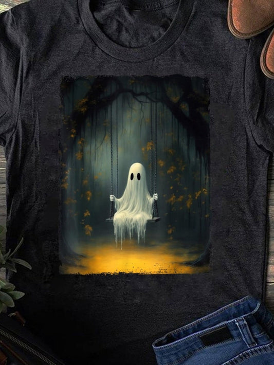Women's Graphic T-Shirt Eerie Forest With Glowing Light Under Misty Trees Featuring Ghost