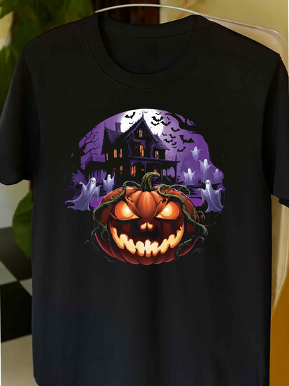 Men's Graphic T-Shirt Haunted Moonlit Night With Glowing Pumpkins And Spooky Ghosts Mansion