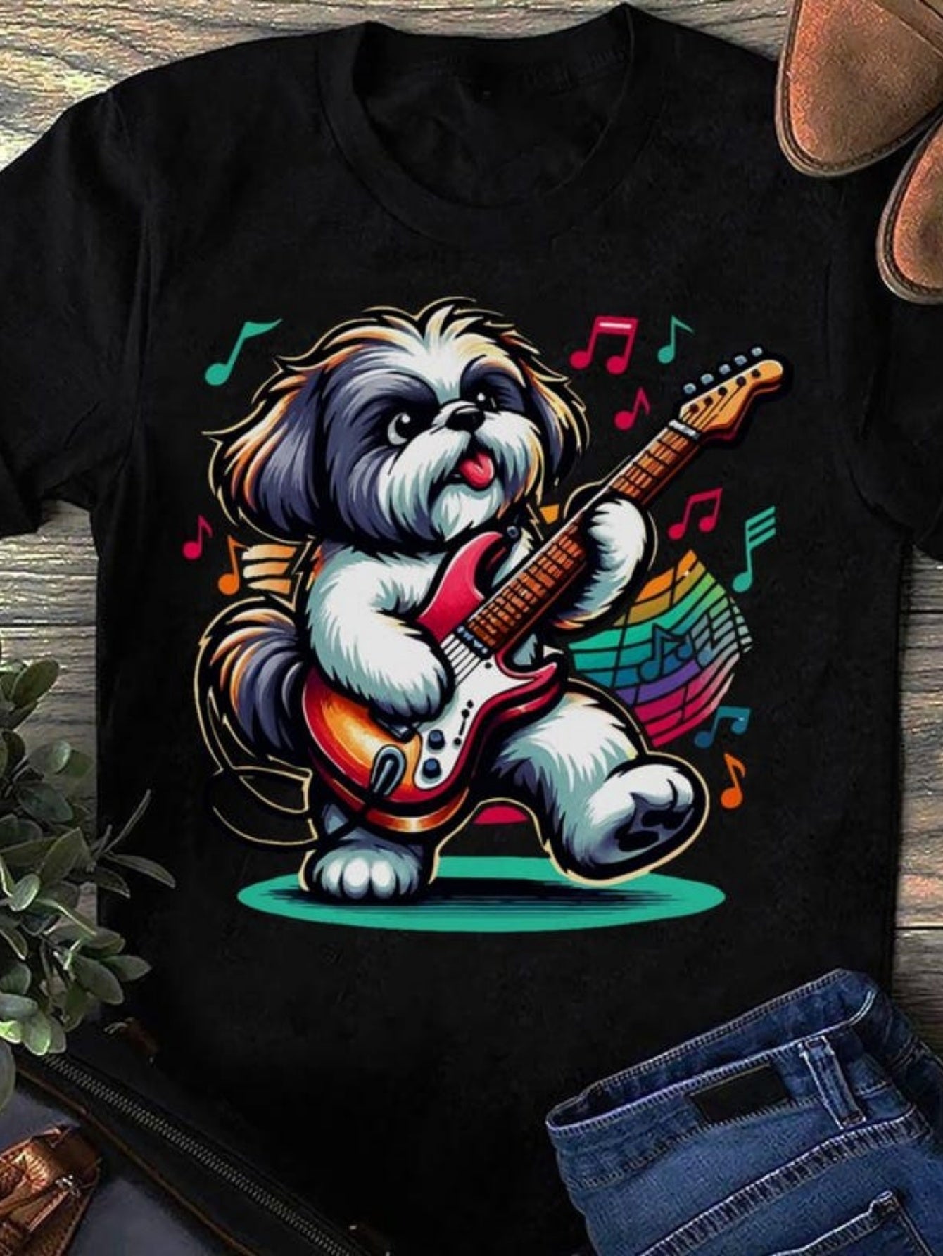 Men's Graphic T-Shirt Colorful Musical Notes With Playful Dog Holding Guitar