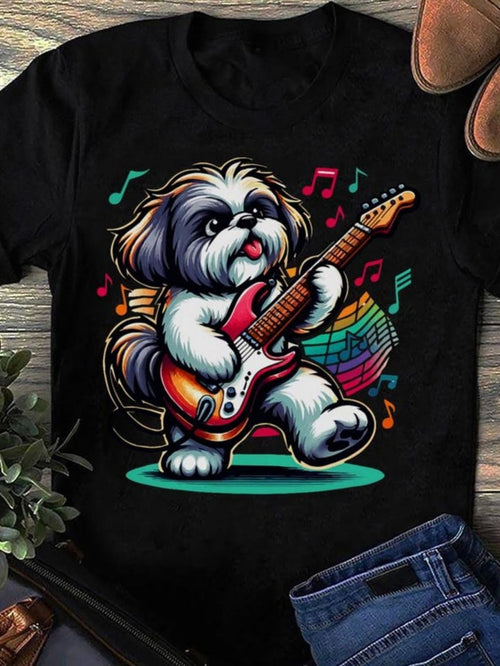 Men's Graphic T-Shirt Colorful Musical Notes With Playful Dog Holding Guitar
