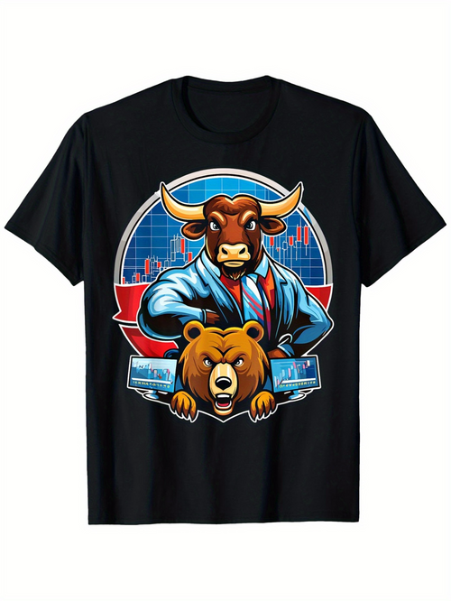 Men's Graphic T-Shirt Wall Street Inspired Bull In Suit Standing Over Roaring Bear