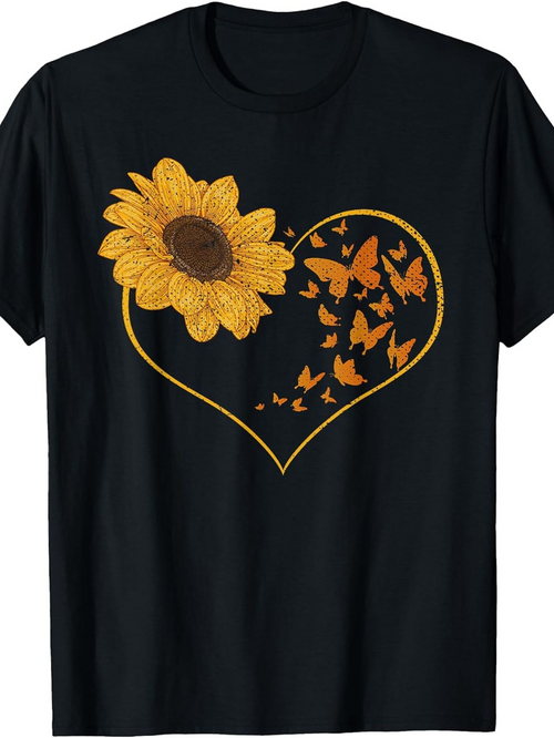 Men's Graphic T-Shirt Golden Sunflower Among Fluttering Orange Butterflies And Heart Outline