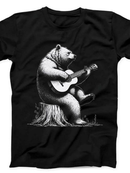 Men's Graphic T-Shirt Relaxed Woodland Setting With Bear Playing Acoustic Guitar