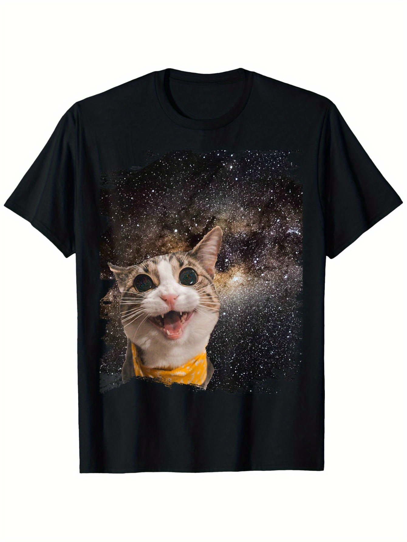 Men's Graphic T-Shirt Happy Cat Wearing Yellow Bowtie Under Starry Night Sky
