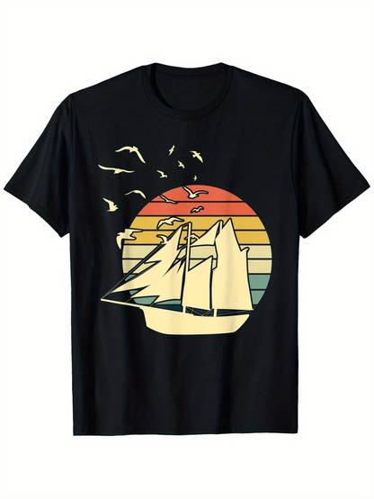 Men's Graphic T-Shirt Sunset Horizon With Soaring Birds Over Majestic Sailing Ship