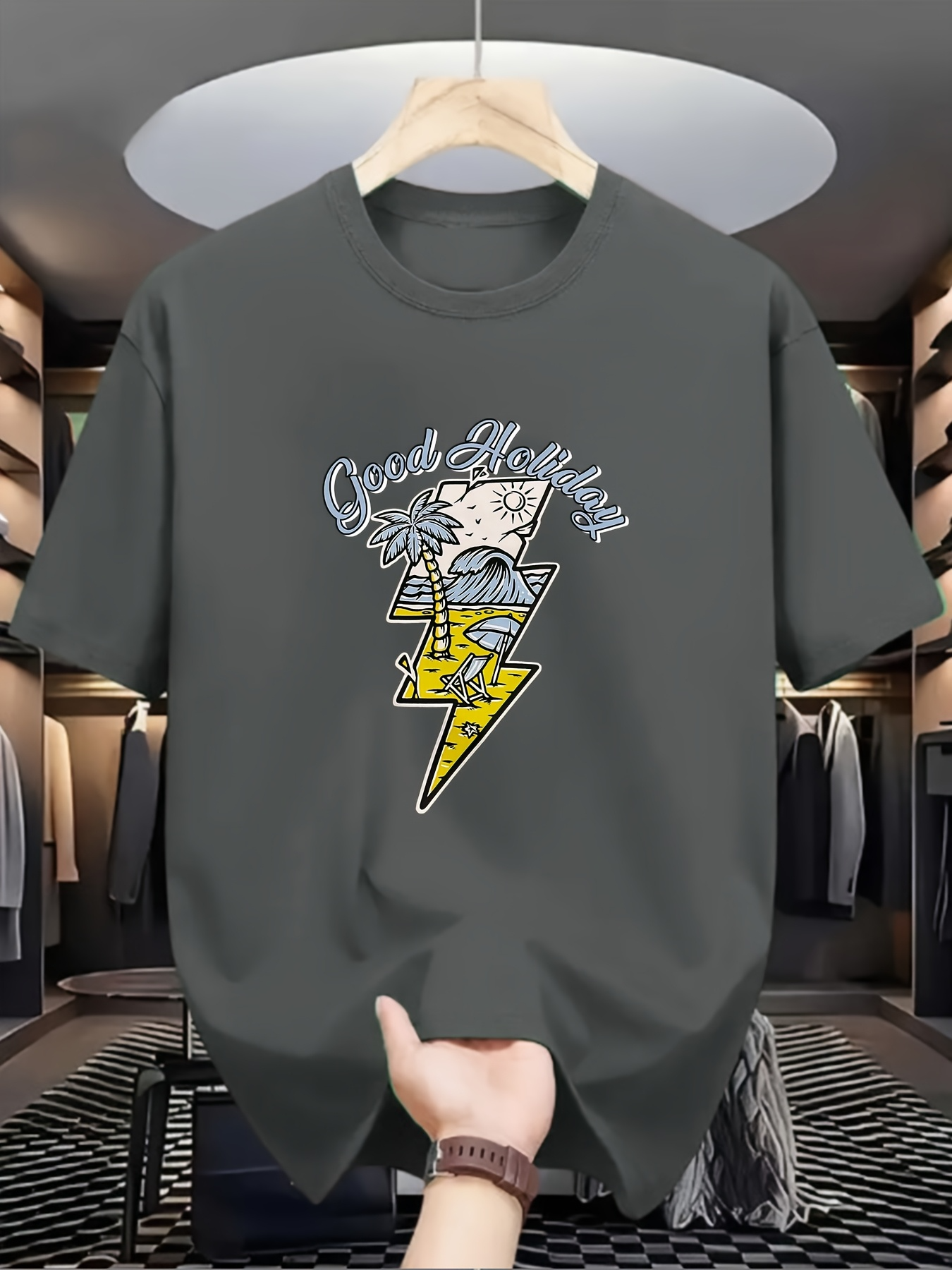 Men's Graphic T-Shirt Good Holiday Doodle Sketch With Cartoon Lightning Bolt And Storm Cloud