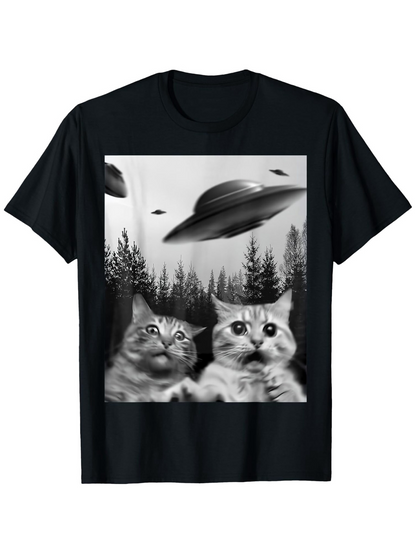 Men's Graphic T-Shirt Surprised Cats Staring Up At Flying Saucers In Forest Night Sky