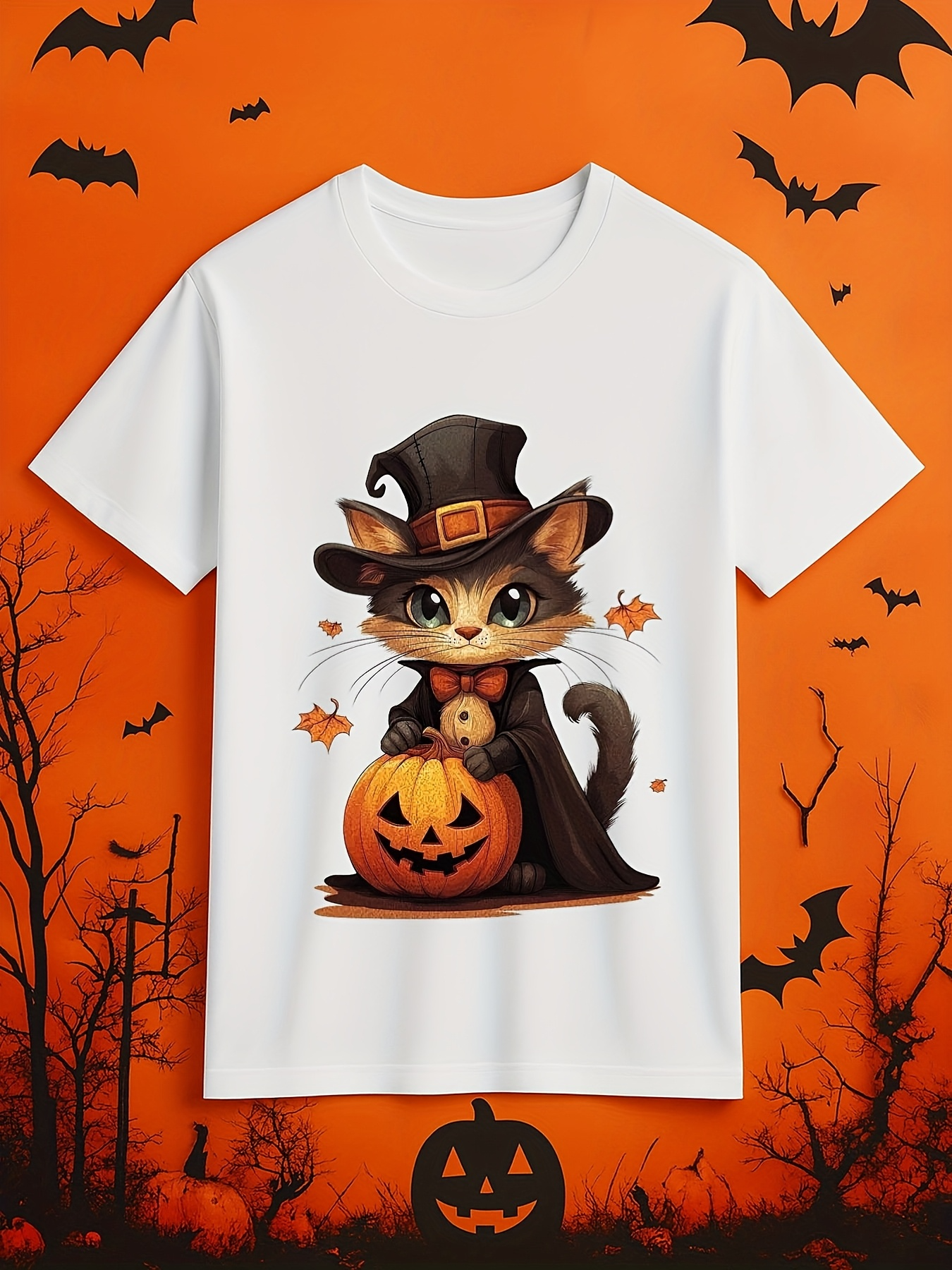 Men's Graphic T-Shirt Adorable Cat With Witch Hat Among Pumpkins Under Halloween Night Sky