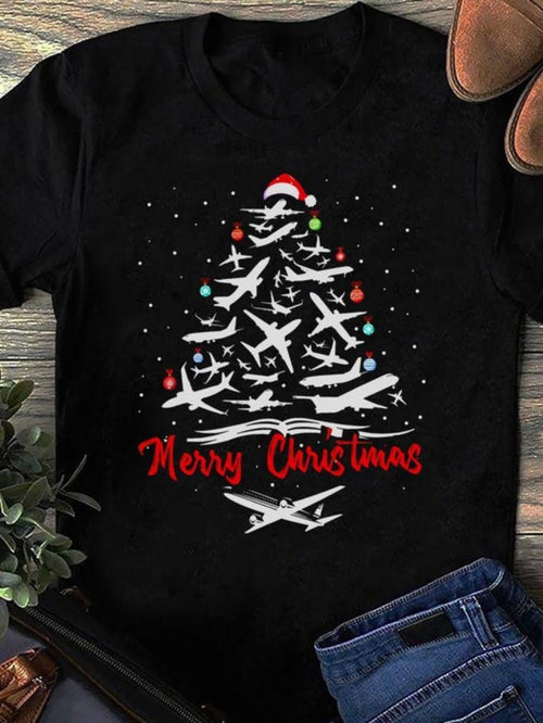 Women's Graphic T-Shirt Merry Christmas Colorful Airplanes Shaped As Festive Holiday Winter Tree