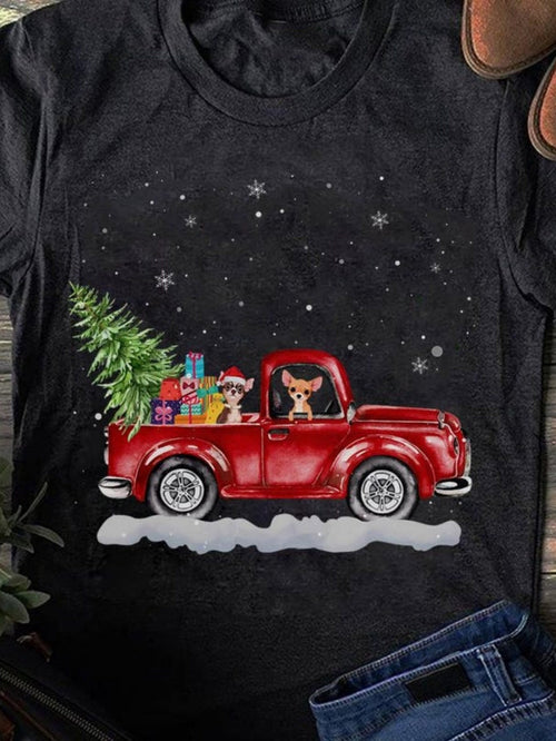 Men's Graphic T-Shirt Festive Night With Red Truck And Christmas Tree Surrounded By Falling Snow