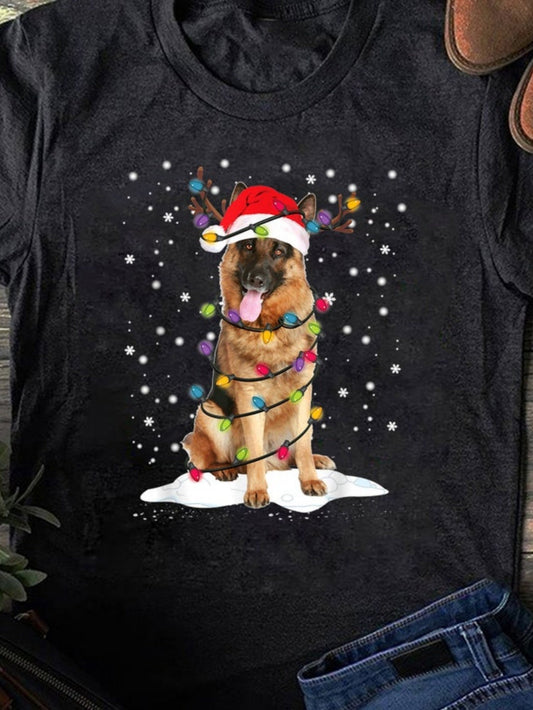 Women's Graphic T-Shirt Cute Festive Lights Wrapped German Shepherd Under Falling Snow