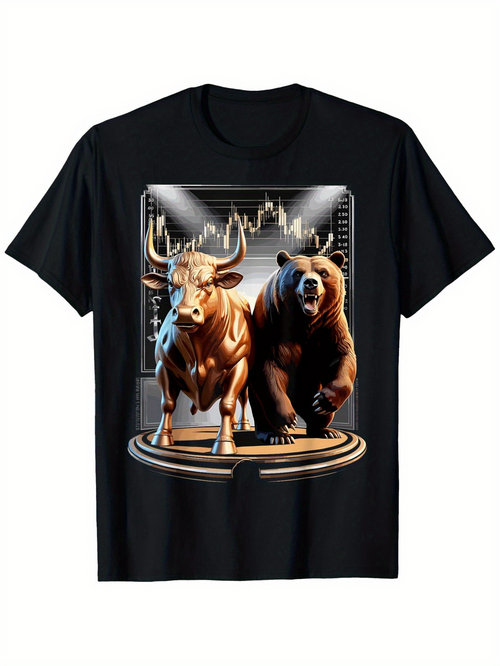 Men's Graphic T-Shirt Above Golden Platform With Bull And Bear Facing Stock Market Charts
