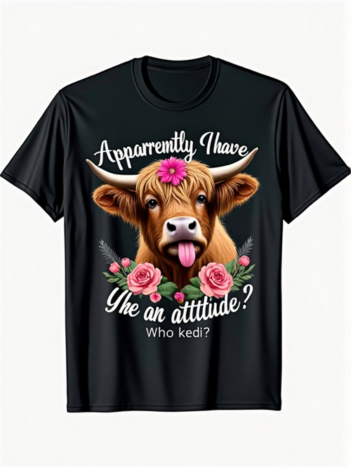 Men's Graphic T-Shirt Apparently I Have An Attitude Who Knew Playful Cow Surrounded By Pink Flowers