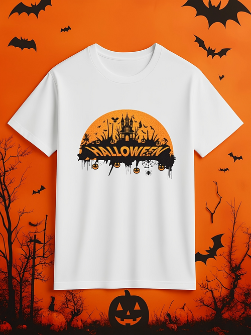 Men's Graphic T-Shirt Halloween Haunted Castle With Flying Bats Jack O Lanterns And Spooky Moon