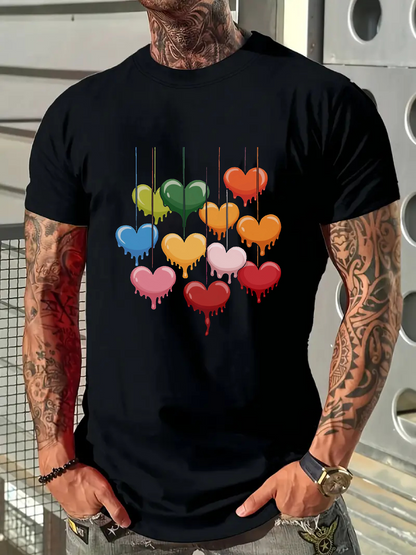 Men's Graphic T-Shirt Colorful Dripping Paint Patterned Melting Hearts On Black Shirt