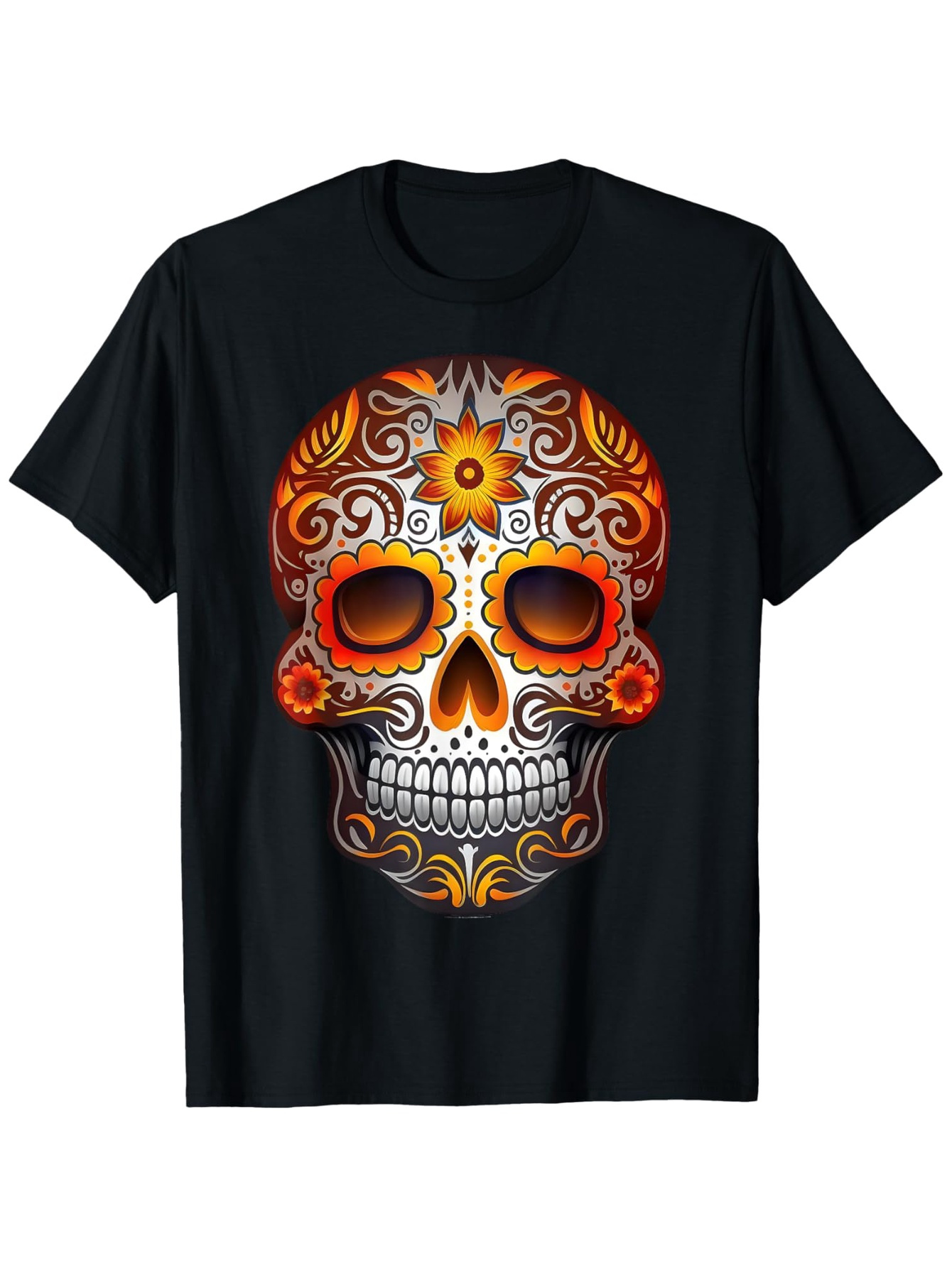 Men's Graphic T-Shirt Fiery Ornate Swirls And Flowers Around Day Of The Dead Skull