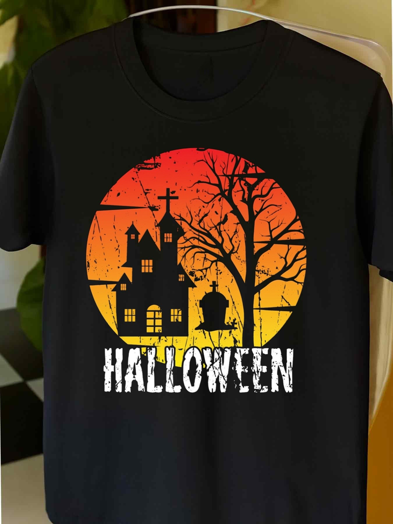 Men's Graphic T-Shirt Halloween Haunted House Among Bare Trees At Sunset