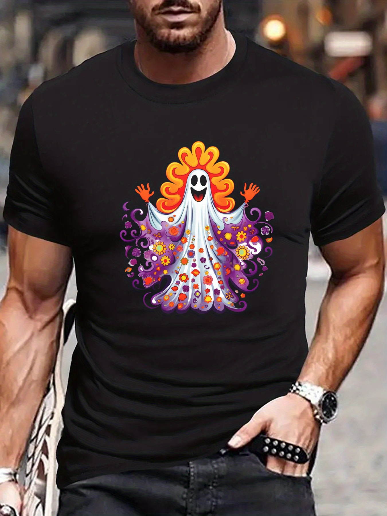 Men's Graphic T-Shirt Colorful Abstract Halloween Swirls With Smiling Friendly Ghost