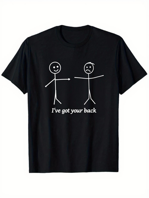 Men's Graphic T-Shirt Ive Got Your Back Playful Stick Figures Black Cotton T Shirt