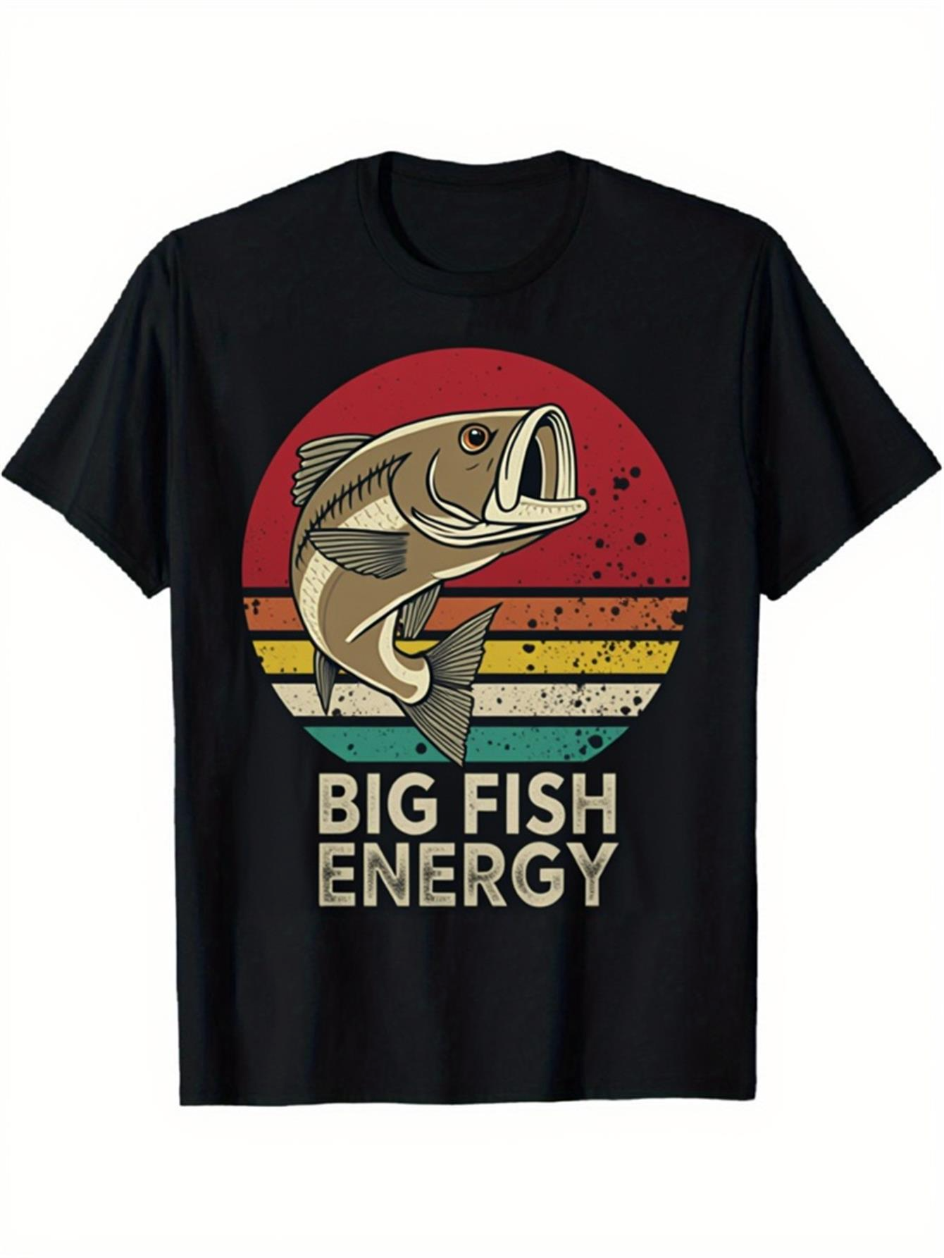 Men's Graphic T-Shirt Big Fish Energy Retro Striped Sunburst With Jumping Bass Fish