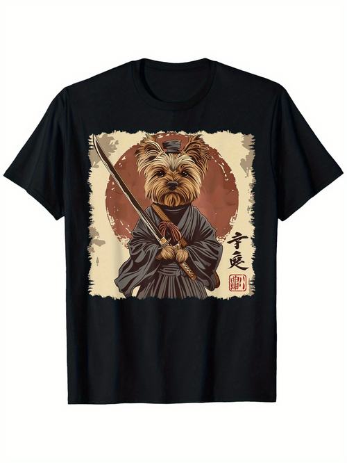 Men's Graphic T-Shirt Traditional Japanese Style Dog Holding Samurai Sword