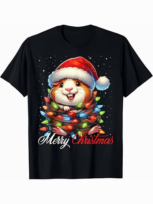 Men's Graphic T-Shirt Merry Christmas Cute Hamster Wrapped In Colorful Holiday Lights Wearing Santa Hat