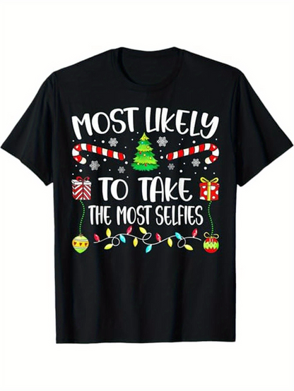 Men's Graphic T-Shirt Most Likely To Take The Most Selfies With Christmas Ornaments And Candy Cane Pattern Tree