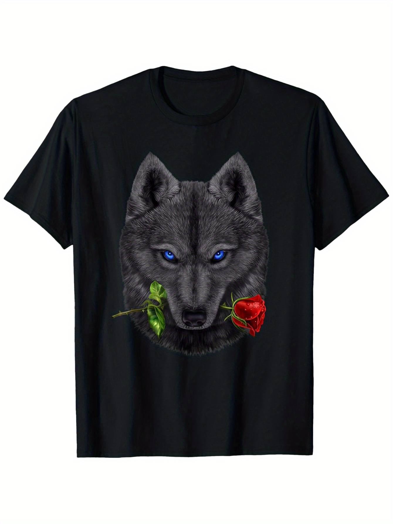 Men's Graphic T-Shirt Blue Eyed Wolf With A Red Rose Between Its Jaws