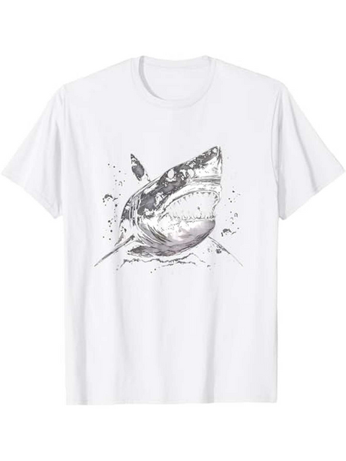 Men's Graphic T-Shirt Black White Splash Effect With Realistic Powerful Water Shark