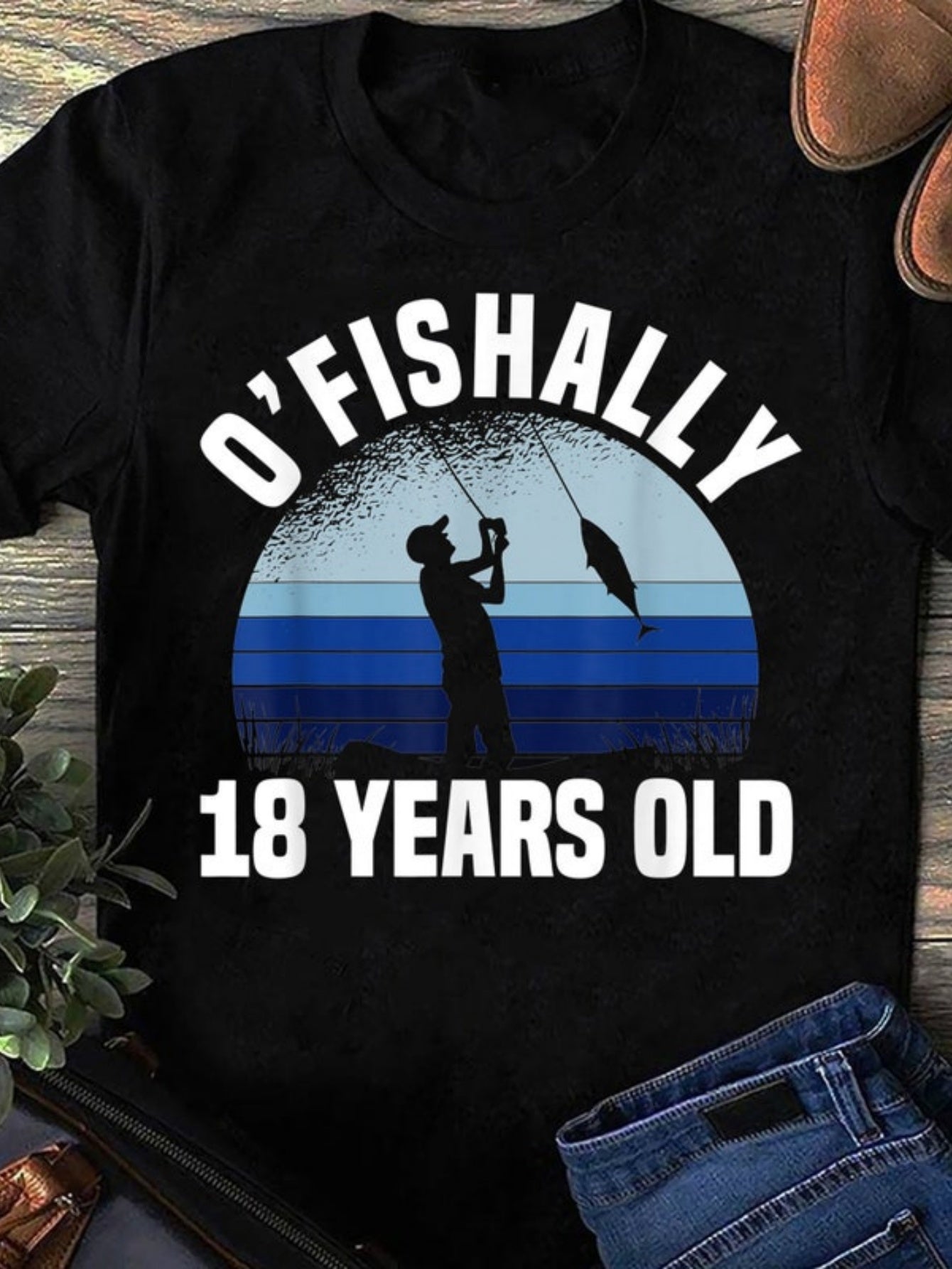 Men's Graphic T-Shirt OFishally 18 Years Old Blue Lake Fisherman With Jumping Fish Silhouette