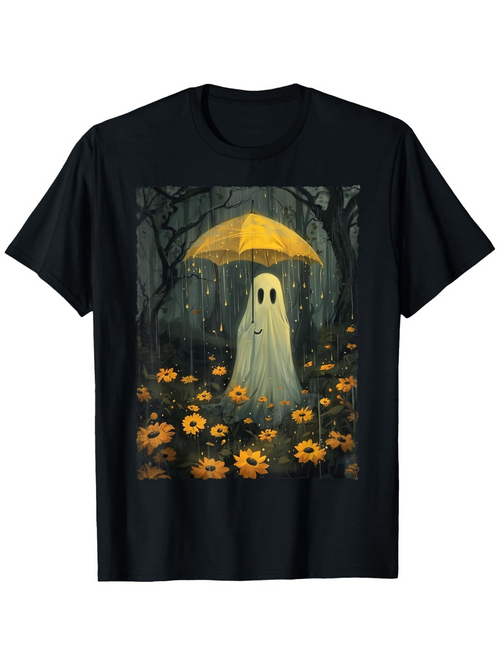 Men's Graphic T-Shirt Ghost Holding Yellow Umbrella Among Sunflowers In Forest