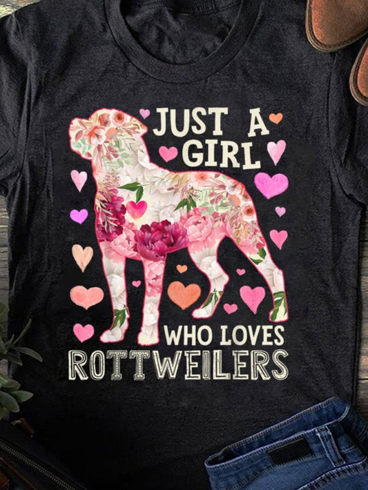 Women's Graphic T-Shirt Just A Girl With Colorful Hearts Loving A Floral Patterned Rottweiler Dog