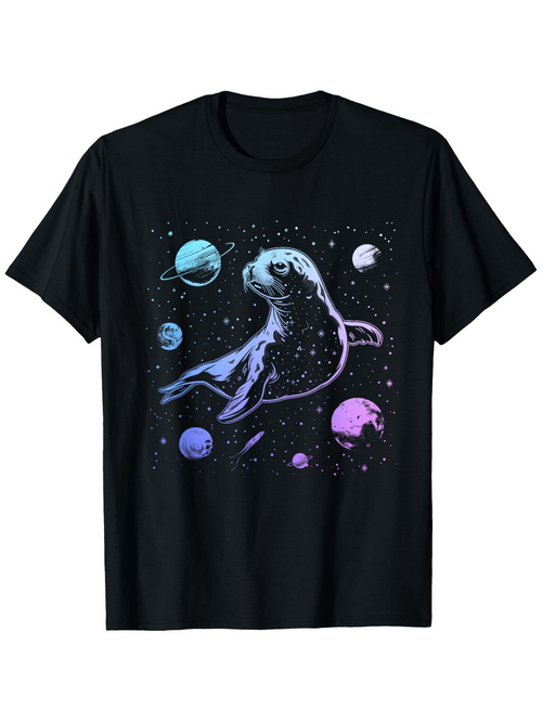 Men's Graphic T-Shirt Galactic Planets And Stars With Whimsical Cartoon Seal Floating Space