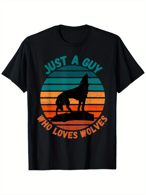 Men's Graphic T-Shirt Just A Guy Who Loves Wolves Silhouette Wolf With Retro Sunset Colors