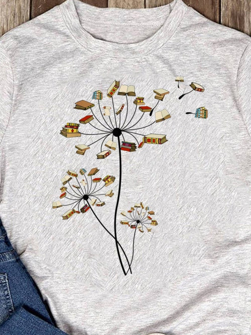 Men's Graphic T-Shirt Blowing Dandelions With Scattered Books In Soft Pastel Colors Dandelion