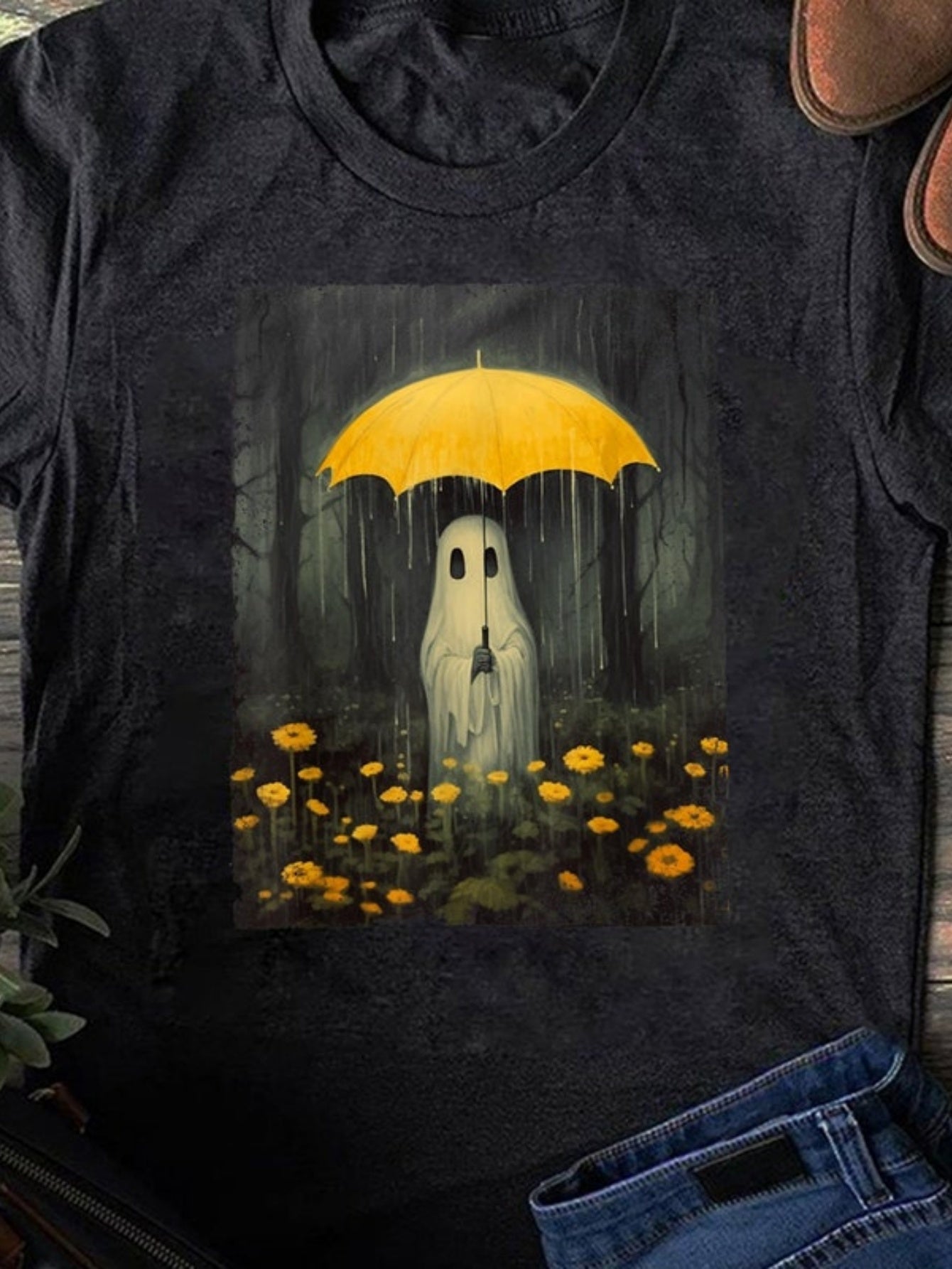 Men's Graphic T-Shirt Rainy Forest Among Yellow Wildflowers Under Large Umbrella Ghost
