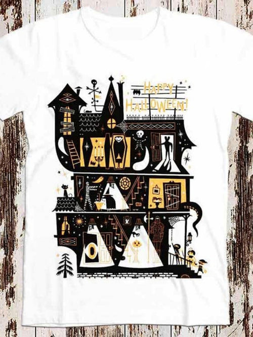 Men's Graphic T-Shirt Retro Halloween Party With Spooky Haunted House Full Of Ghosts