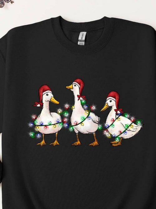 Men's Graphic T-Shirt Three White Ducks Wearing Christmas Hats With Colorful Light Bulbs Surrounding Festive Duck