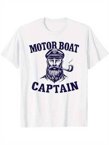 Men's Graphic T-Shirt Motor Boat Captain With Pipe And Bearded Old Sailor Portrait
